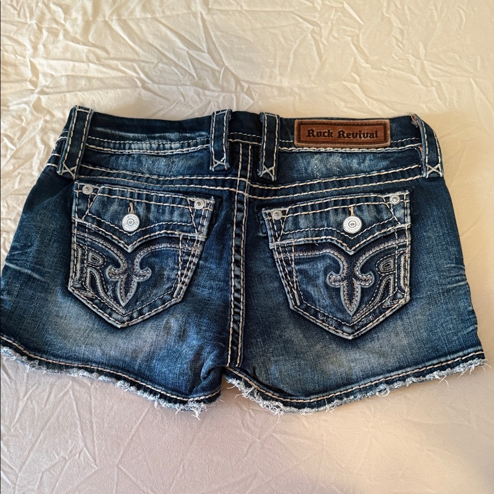 Rock Revival Dark Blue Jean Shorts with Embroidered Pockets